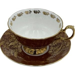 Vtg Elizabethan Sovereign Staffordshire Burgundy Red Tea‎ Cup Saucer Gold Floral